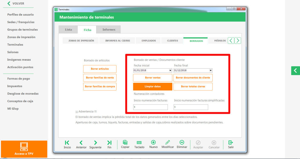 limpiar datos bbdd glop - Glop Software TPV