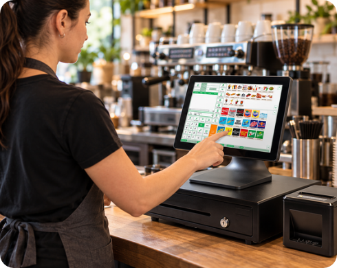 Barista usando terminal software Glop en una cafetería